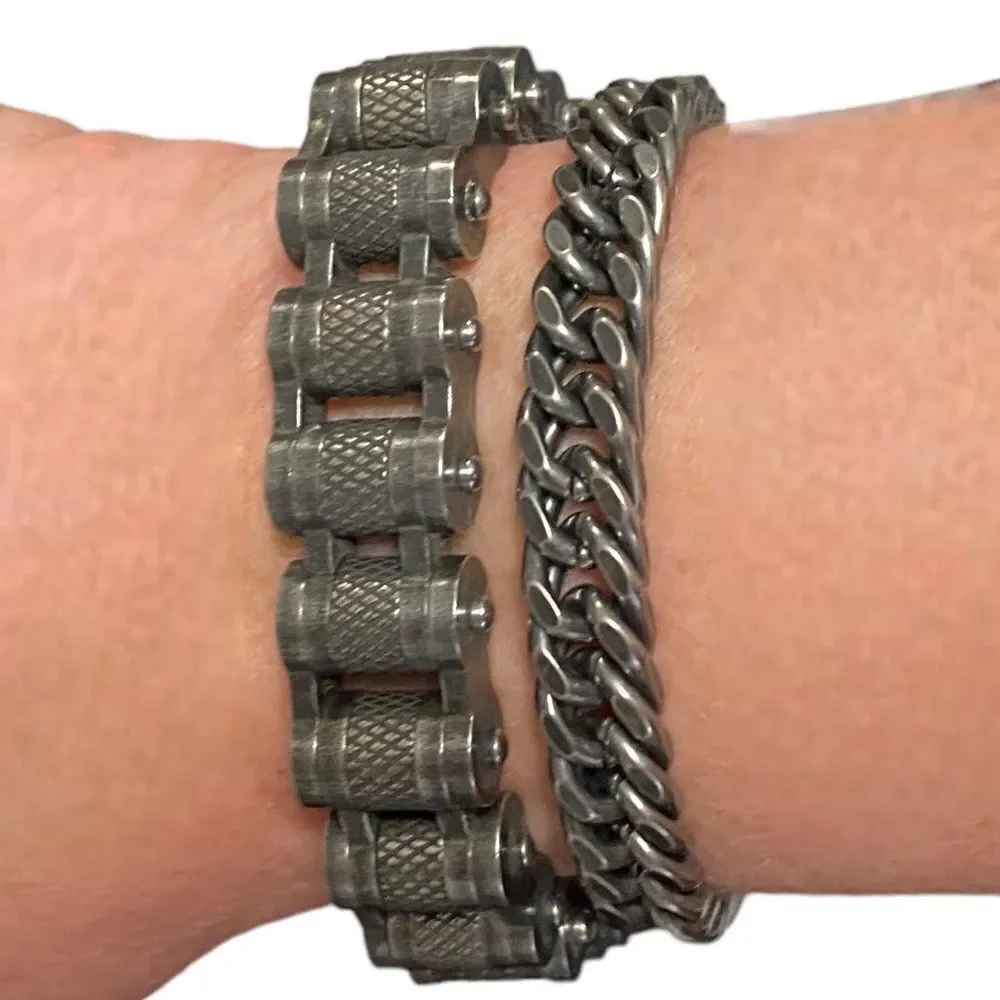 Silver Antique Flat Curb Chain Stainless Steel Moto Biker Bangle Bracelet NEW